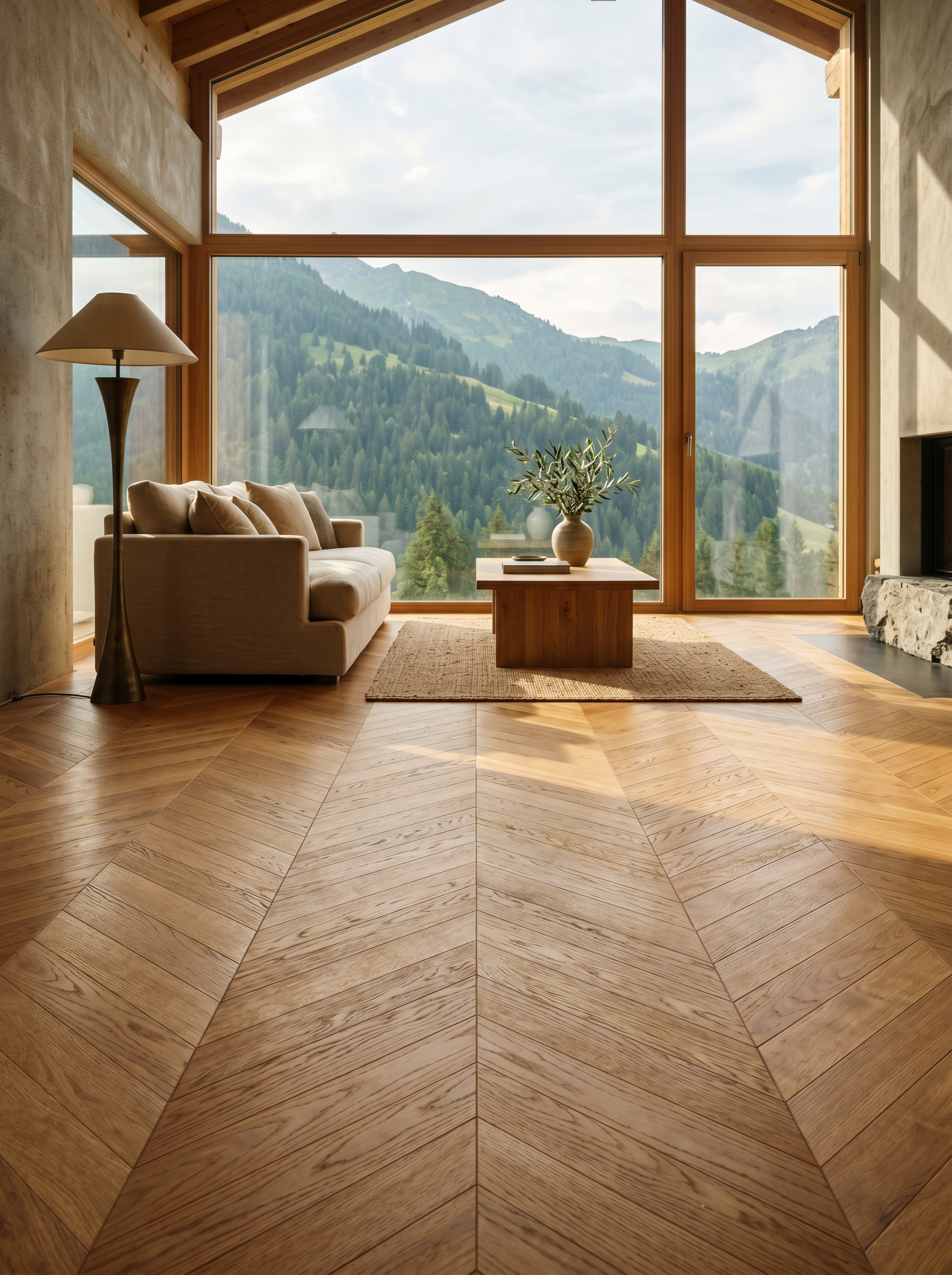 Parquet & wood - herringbone oak in alpine living room